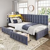 Polsterbett Schlafsofa 90x200, Einzelbett mit 2 Schubladen, LED-Licht und USB Typ-C Ladefunktion, Funktionsbett Jugendbett Bettgestell Sofabett mit Metall Lattenrost, Samt, Ohne Matratze, Dunkelgrau