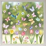 8 Blatt Fensterbilder Doppelseitig Blumen Schmetterling Fensterdeko Wiederverwendbar Fenstersticker Selbstklebend Fenster Aufkleber Deko Frühling Sommer für Glas Kinderzimmer Badezimmer
