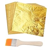 ASTARON 100 Blatt Blattgold Imitation Blattgold mit Pinsel zum Basteln, Goldflocken für Nägel, Holz, Möbel Dekoration(14x14cm) (Nicht Essbar)