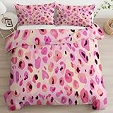 Srigzcaly Minimalistisch Tier Leopardenmuster Bettwäsche 135x200 cm Set 3 Teilig, Rosa Wendebettwäsche mit Reißverschluss - Weich Mikrofaser Bettbezug und 2 Kissenbezüge 80x80cm