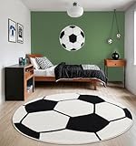 the carpet Beat Kids Weicher Kuscheliger Kinderteppich, Pflegeleicht, Farbecht, Fussball Motiv, Schwarz-Creme, 160 cm Rund