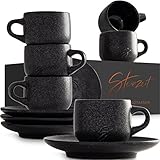 Steinzeit Design Espressotassen (6x80ml) - Espressotassen Set mit passenden Untertassen - Espressokaffeetassen aus 100% Handfertigung - stapelbare Mokkatassen in Schwarz