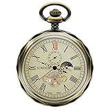 TREEWETO Taschenuhr mit Kette Herren Analog Handaufzug 24 Stunden Sonne Mond Anzeige Bronze