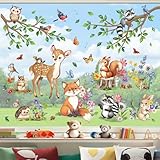 decalmile Fensterbilder Kinderzimmer Fensteraufkleber Waldtiere Fenster Abziehbilder Hirsche Fuchs Hase Eichhörnchen Baum Zweige Fenstersticker Wiederverwendbar Glasaufkleber Fensterdeko
