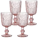 Tebery 4 Stück 300ml rosa Glas Weinkelch Vintage, 10oz farbige Getränke Stielglas Becher, geprägtes Design Glaswaren Set für Wasser, Saft, Wein, Bier und Cocktails