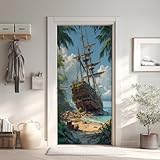 Verlassene Schiff Türtapete Türposter Türfolie Selbstklebend PVC, Tropische Pflanzen Türaufkleber Abnehmbar Wasserdicht 90x200 cm, Boot Meer Fototapete für Tür Wohnzimmer