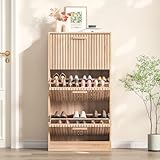 MGMYM Schuhschrank, Schuhregal, Schuhkommode mit Klappen und Fächer, Schuhkipper für Flur, Schlafzimmer, Wohnzimmer, Schmal und Wandmontage (Naturholzfarbe, 60x24x113cm)
