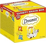 DREAMIES Katzensnacks - 12x60g - mit Huhn, Käse und Lachs - Traumhaft knusprige Katzen Leckerlies mit zarter Füllung - Variety Snack Box