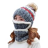 OKwife Damen 3er Set Bommel Beanie Mütze mit Schal Mundmaske Warme Plüsch gefütterte Strickmütze