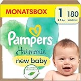 Pampers Harmonie Baby Windeln Größe 1, 180 Windeln, 2kg-5kg, sanfter Hautschutz und 100 Prozent Pampers Saugfähigkeit