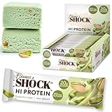 FitnesSHOCK High Proteinriegel Set mit hohem 20g Proteingehalt Eiweißriegel ohne Zuckerzusatz kalorienarm low carb ballaststoffreich Pistazien-Kuchen Geschmack 12Stk 60g