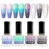 BORN PRETTY Thermo Effekt Nagellack Temperaturwechsel Kit , 2 Volltonfarben + 2 Glitzer, haltbarer Nagellack
