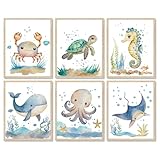 Dazzlewall 6PCS Ozean-Tier- Wandbilder Aquarell Meerestier- Bilder Poster für Kinderzimmer Kinder Babyzimmer Dekor 20×25 cm Ungerahmt