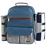 Sunflora Picknick Rucksack Set 4 Personen mit Isoliertem Kühlung und Decke, Picknickkorb 4 Personen für Camping Outdoor (Blau & Streifen)