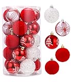 SOBEAU 25 Stück Weihnachtskugeln Set, 6cm Christbaumkugeln Kunststoff, Weihnachtsbaumschmuck Ornamente für Dekoration, Weihnachtsbaumkugeln für Neujahrsfeier Feiertage（Weiß und Rot）