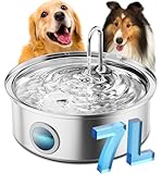 oneisall 7L Trinkbrunnen für Hunde, Edelstahl Hundebrunnen mit großem Sichtfenster, Wasserspender mit LED-Licht, Ultraleiser Pumpe mit Überlastschutz, 5-Schicht Filtration