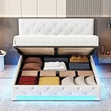 CDQL Doppeltes weich gepolstertes Bett 140x200 cm, Hydraulisches Stauraumbett mit LED-Beleuchtung, Bett mit großem Stauraum, verstellbarem Kopfteil, Leinenmaterial, Beige