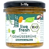 LiveFresh BIO Gemüsebrühe | 3 x vegane Gemüsepaste (135g) ohne Glutamat und Zusätze | Glutenfreie Alternative zur Brühe aus Pulver | Aus Karotten, Sellerie, Zwiebeln, Lauch & Ingwer | DE-ÖKO-006