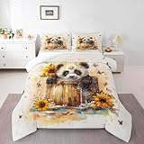 Feelyou Süßes Panda-Bettwäsche-Set, Queen-Size-Größe, Kinder-Bettdecke mit Sonnenblumen- und Schmetterlingsmotiv für Jungen und Mädchen, Cartoon-Tiere, Bettwäsche-Set, Raumdekoration, Steppdecke, 1