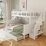 Crlnaup Kinderbett 90 * 200/140 * 200 cm, Massivholz-Etagenbett mit Rutsche und Regal mit Sicherheitsstufen, Rollbett und Lattenrost, weiß