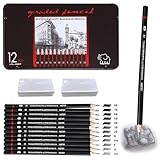 Ormromra 12 Stück Skizzienstifte, Bleistift Set mit 2 Weißer Radiergummi, Zeichenstifte Set (8B 7B 6B 5B 4B 3B 2B B HB F H 2H), Professionelle Bleistifte für Mädchen,Junge,Anfänger, Künstler