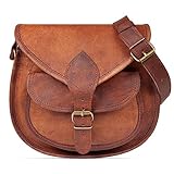 LEABAGS Leder Handtasche Damen, Vintage Cognac Premium Echtleder Umhängetasche, Damen Schultertasche Damentasche Tragetasche für Arbeit Uni Schule Freizeit I Größe M (23 x 21 x 11 cm)