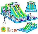 Große Hüpfburg mit Wasserrutsche und Gebläse 580×390×210 cm, XXL Hüpfburgen für Kinder Indoor Outdoor mit 2 Trocken-/Wasserrutsche, Kletterwand, Sprungbereich, Wurfringe, Basketball, Splash