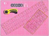45 mm Rollschneider Stoffschneider Set inkl. selbstheilende Schneideunterlage A2 60x45cm 5-Lagig + 5x Ersatzklingen + 2x Patchwork-Lineal Premium Schneidematte im A2-Format Rosa/Schwarz Starter Set