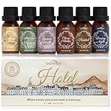 SNOWSEN Hotel Ätherische Öle Set, 6 x 10 ml Ätherische Öle für Diffusor, Duftöl-Geschenkset, Seifen-Duftöl – Santal, Luxusnacht, Weißer Tee & Thymian, Gardenienblüte, Traumspaziergang, Zitrus-Amber