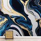 Fototapete Selbstklebend Abstrakt 3D Effekt Foto Tapete Blau und Gold 350x250 cm Seidenstoff Wandtapete Wohnzimmer Schlafzimmer Bildtapete für Wand Deko A-6882