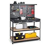 COSTWAY Werkbank, Werkzeugbank mit Lochwand, Werktisch mit Schublade, große Arbeitsplatte & 3 Ablagen, inkl. 13 Zubehörteile zum Aufhängen, Arbeitstisch für Garage und Werkstatt (121 x 61 x 156 cm)