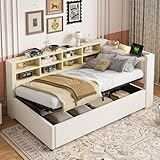 Polsterbett Schlafsofa 90x200, Einzelbett mit Staufach&Nachtlicht&Ladestation, Tagesbett mit Hydraulischem Stauraum & Lattenrost, Funktionsbett Stauraumbett Gästebett Jugendbett, ohne Matratze, Beige
