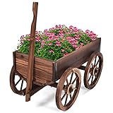 GOPLUS Blumenwagen Holz, Pflanzwagen mit Wagenrad, Pflanzschubkarre mit Griff, Blumenkarre mit Belüftungslöchern, Blumentrögen Pflanzenständer Blumenkasten für Garten Balkon & Terrasse