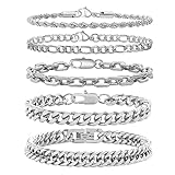 Armband Herren Silber Edelstahl 5 Stücke - Herrenarmbänder Panzerkette Figaro Gliederarmband Herren Armband Set für Jungs Männer Geschenk für Papa Sohn Bruder Ehemann 19/21/23 cm (Silber, 19 cm)