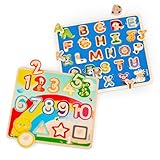 Battat – 2 Holzpuzzle Kinder – Steckpuzzle Holz – Puzzle Kinder mit Formen, Zahlen, Buchstaben – Holzspielzeug Kinderpuzzle – Lernspielzeug ab 2 Jahren – Greifpuzzle ABC & 123