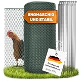 SELFmania Hühnerzaun 25m lang | ENGMASCHIG STABIL UV-SCHUTZ 120 cm hoch | Freilaufgehege Hühner mit 21 Befestigungsstäben + 25 U-Heringe | Hundezaun | Kleintiere | Geflügelzaun | Hühner Zubehör