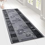 Floordirekt Teppichläufer mit Muster - maßgefertigter Feinschlingen Teppich Läufer für Küche, Flur & Wohnraum - Ornament Vintage Orient Gitter (80 x 200 cm, Akzent Grau)