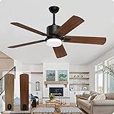 Biukis Deckenventilator mit Beleuchtung, Leise 6 Geschwindigkeiten 3 Dimmbare Farbtemperatur Deckenventilator mit Fernbedienung Leise, Ø132 cm für Wohn-, Schlaf- und Esszimmer - Walnuss