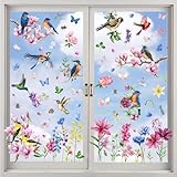 Fensterbilder Frühling Deko Selbstklebend,9 Blatt Frühling Fensteraufkleber Vogel Blumen Aufkleber Fenster DIY Fensterbilder, Fenstersticker Fensterfolie Wiederverwendbar für Fensterdeko