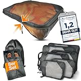 TRAVELY Packing Cubes Compression - 8-teiliges Set inkl. Schuhtasche & Wäschebeutel - Packwürfel Kompression als Koffer oder Rucksack Organizer - Packtaschen für Reise, Packbeutel, Kompressionsbeutel