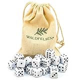 Waldfelsen 6, 12, 20, 30 oder 50 hochqualitative Würfel Standardgröße 16 mm Acrylwürfel Knobel Spielwürfel Dice 6-seitig sechsseitig Spielzubehör Set mit Stoffbeutel (Weiß, 30 Stück)