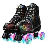 Unisex Roller Skates Double Raw Four Wheels Classic High-top PU Leather Lighting Roller Skates Shoes for Beginner Womens Mens Boys Girls Indoor and Outdoor (Lightning black flash wheel,39)