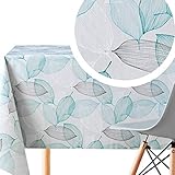 KP Home Vinyl Tischdecke Abwaschbar Türkis Blaugrün Blätter Rechteckige 200x140 Helle Grau Wachstuchtischdecke Wasserabweisend Blattmuster Wachstuch Pflegeleicht Wachstischdecke PVC Tischdecke Outdoor