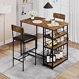 Litake Bartisch Set 3-Teilig, Stehtisch Esstisch mit 2 Gepolsterten Stühlen & 3 Ablagen Küchentisch Klein Thekentisch Barhocker Essgruppe 2 Personen Industriedesign, Vintagebraun