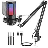 NJSJ Gaming Mikrofon PC mit Arm, USB Microphone für MAC PS4 PS5 mit Stummschalttaste, Popfilter, RGB Mikrofon für YouTube Twitch Podcast Streaming Studio, Schwarz mit Arm
