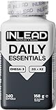 INLEAD - Daily Essentials Omega-3 mit D3 & K2 | Hochdosierte Kombination zur Unterstützung von Herz, Immunsystem und Knochen – 240 Kapseln