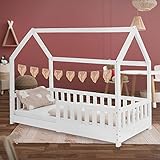 ML-Design Kinderbett 80x160 cm mit Rausfallschutz, Dach und Lattenrost, Weiß, Massivholz Kinder Bett, Hausbett für Mädchen/Jungen, Bettenhaus aus massivem Kiefernholz, Stabiles Jugendbett Kinderhaus