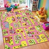 Capslpad Kinder Teppich150x200cm Rosa rutschfest Pastellblau Kinder Spielteppich Waschbar Stadt Straße Kinderteppich Kurzflor Spielmatte Pädagogischer Spielteppich für Mädchen Kinderzimmer Spielzimmer