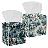 2 Packungen Taschentuchbox-Abdeckung aus PU-Leder 'Happy Christmas', quadratischer Taschentuchhalter, Gesichtswürfel, Papier-Organizer, Spender, weiche Papierbox für Schlafzimmer, Badezimmer