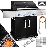 KESSER® Gasgrill mit 4 Brenner + 1x Infrarot Keramik Seitenbrenner & Piezo-Zündung | bis 800°C BBQ Grillwagen aus Edelstahl inkl. Grillrost (66cm) aus Gusseisen, Grillthermometer & Gas-Schlauch